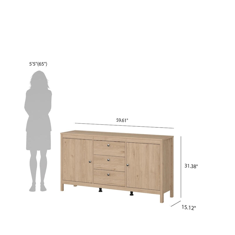 Buffet 2 portes et 3 tiroirs noir mat / blanc / Jackson Hickory – Style scandinave, assemblage par 2 personnes