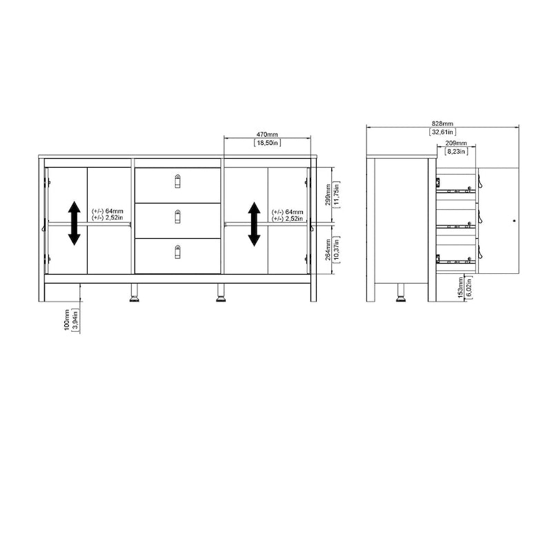 Buffet 2 portes et 3 tiroirs noir mat / blanc / Jackson Hickory – Style scandinave, assemblage par 2 personnes