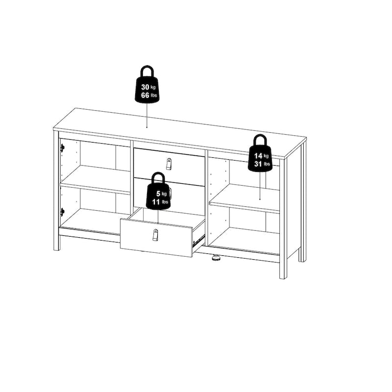 Buffet 2 portes et 3 tiroirs noir mat / blanc / Jackson Hickory – Style scandinave, assemblage par 2 personnes