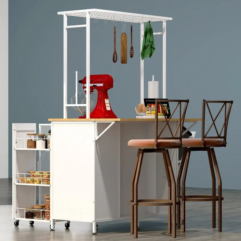 Dessertes îlot de cuisine portables noires avec plateau en métal, pour 1 à 2 personnes
