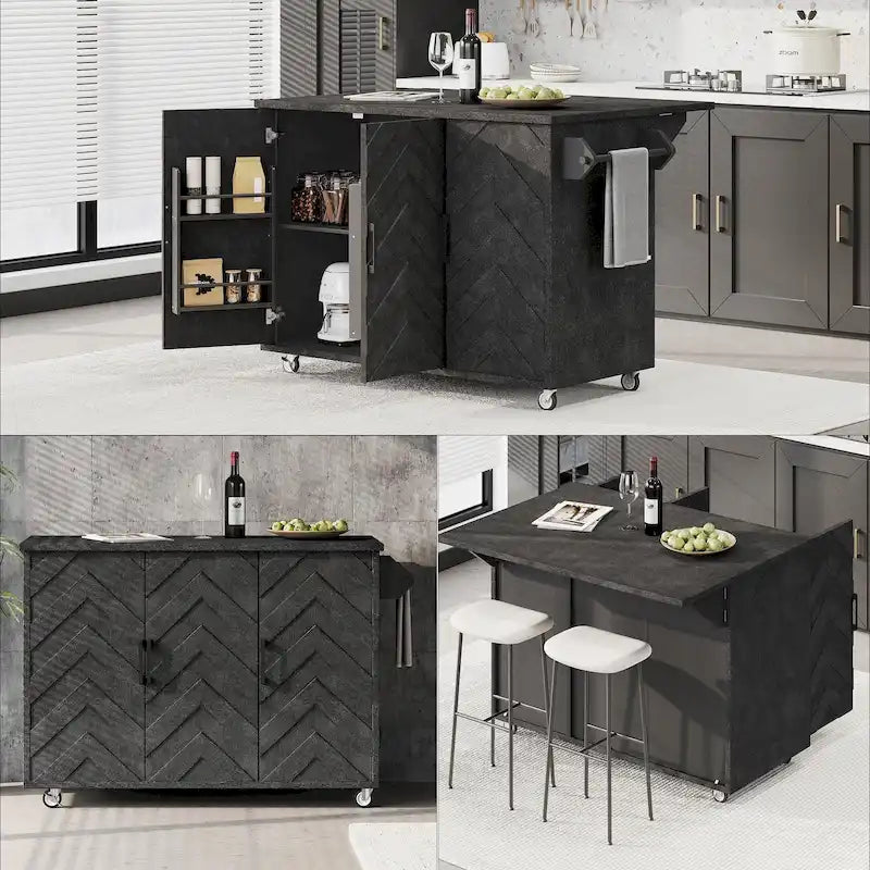 Îlot de cuisine tissé à la main avec abattant, 2 places – Noir/Bois naturel/Bleu marine/Champagne