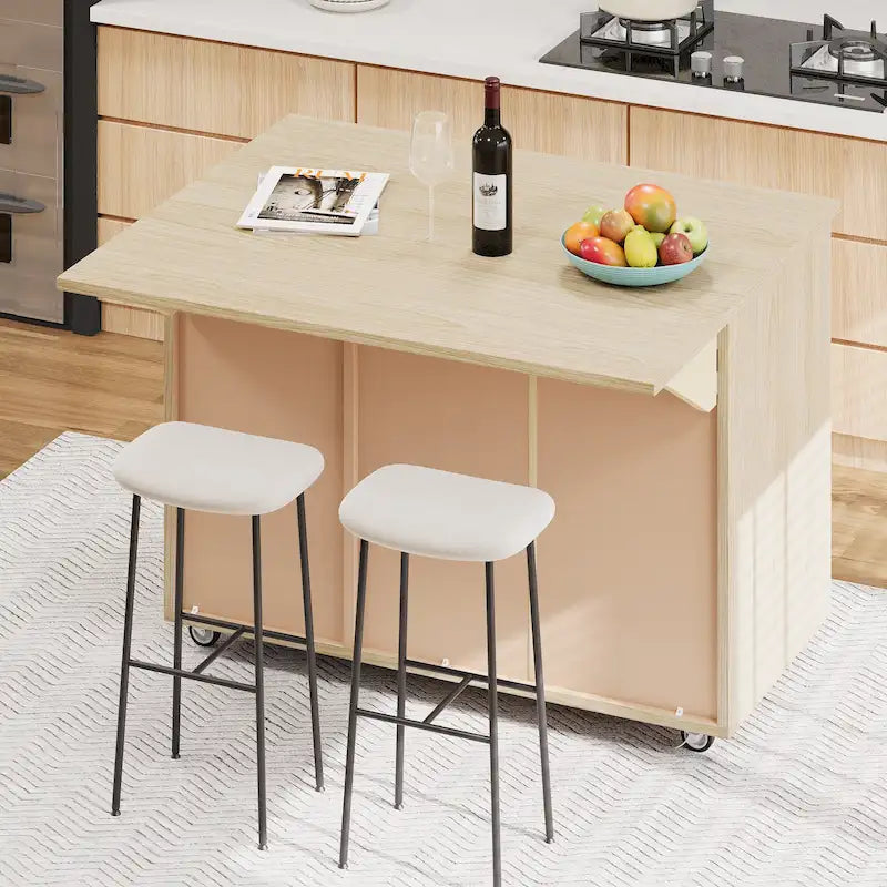 Îlot de cuisine tissé à la main avec abattant, 2 places – Noir/Bois naturel/Bleu marine/Champagne