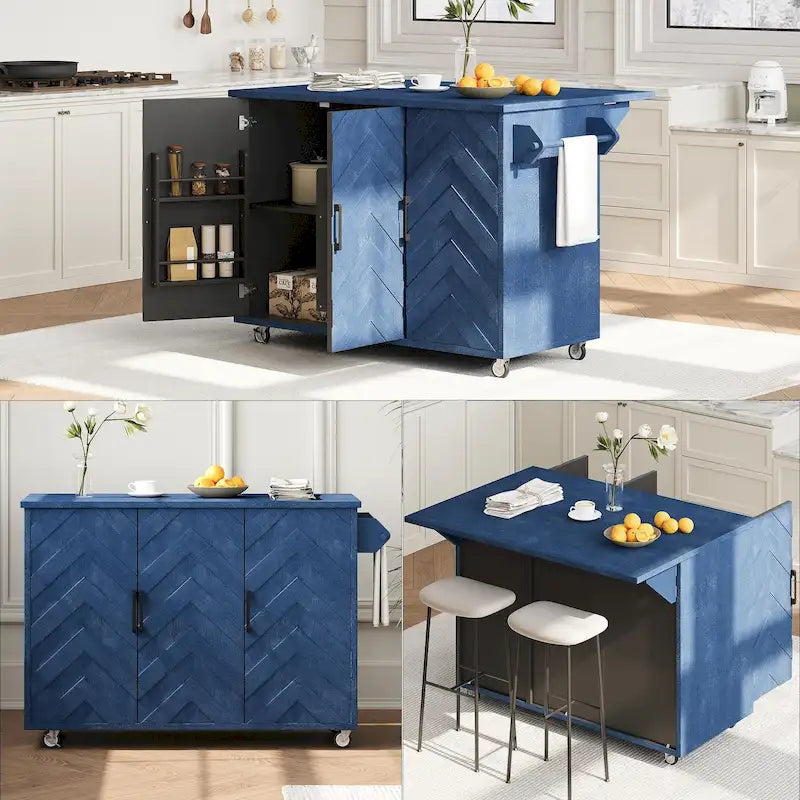 Îlot de cuisine tissé à la main avec abattant, 2 places – Noir/Bois naturel/Bleu marine/Champagne