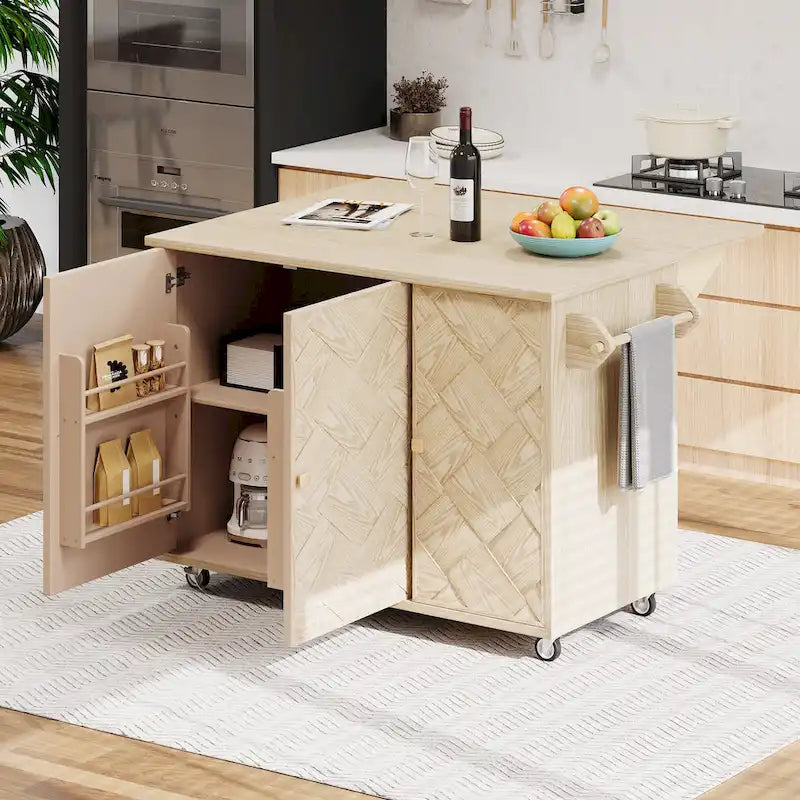 Îlot de cuisine tissé à la main avec abattant, 2 places – Noir/Bois naturel/Bleu marine/Champagne