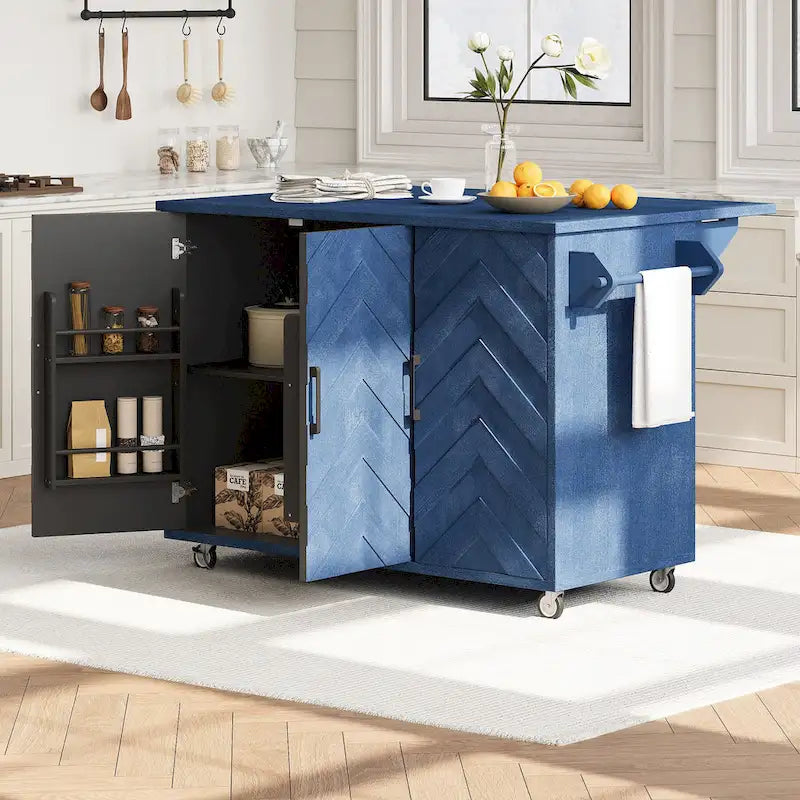 Îlot de cuisine tissé à la main avec abattant, 2 places – Noir/Bois naturel/Bleu marine/Champagne