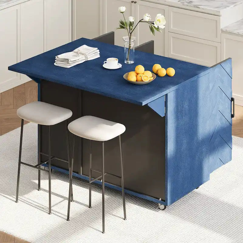 Îlot de cuisine tissé à la main avec abattant, 2 places – Noir/Bois naturel/Bleu marine/Champagne