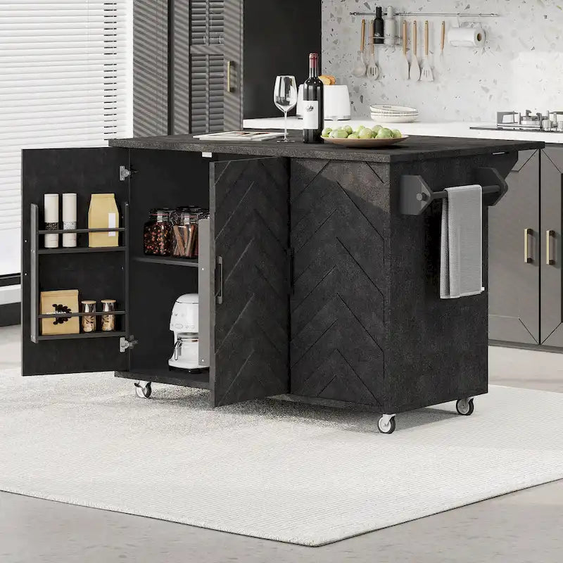 Îlot de cuisine tissé à la main avec abattant, 2 places – Noir/Bois naturel/Bleu marine/Champagne