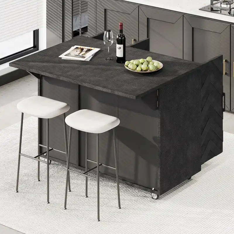 Îlot de cuisine tissé à la main avec abattant, 2 places – Noir/Bois naturel/Bleu marine/Champagne