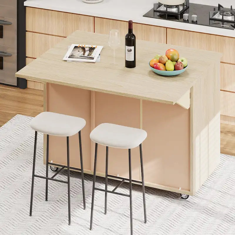 Îlot de cuisine tissé à la main avec abattant, 2 places – Noir/Bois naturel/Bleu marine/Champagne
