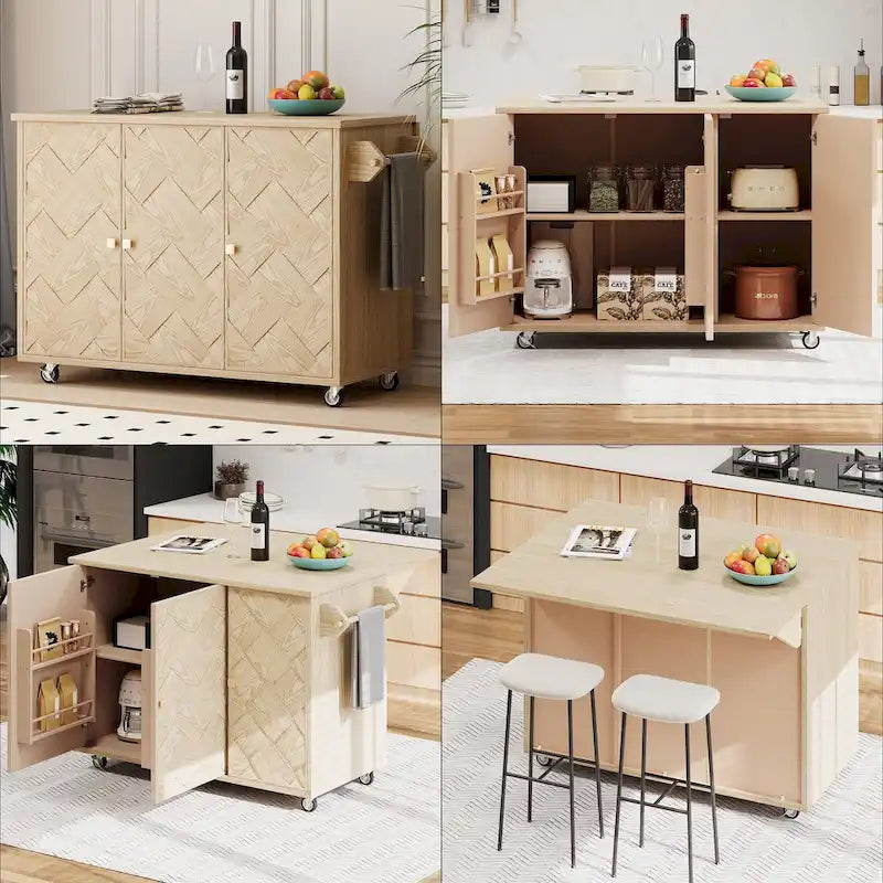 Îlot de cuisine tissé à la main avec abattant, 2 places – Noir/Bois naturel/Bleu marine/Champagne