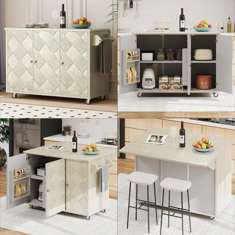 Îlot de cuisine tissé à la main avec abattant, 2 places – Noir/Bois naturel/Bleu marine/Champagne