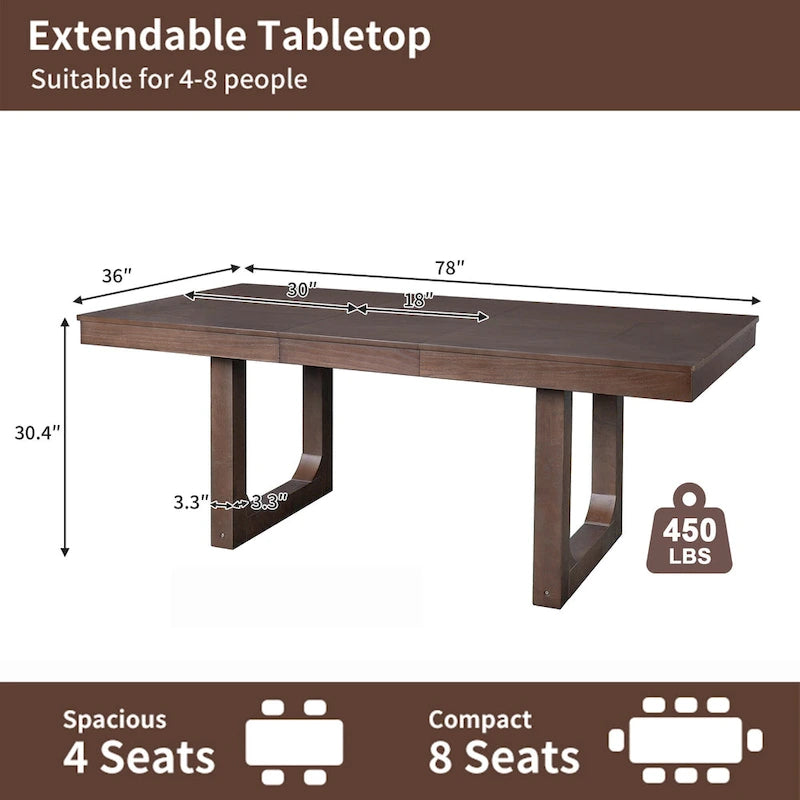 Table à manger extensible marron, style campagnard, 4 à 8 places