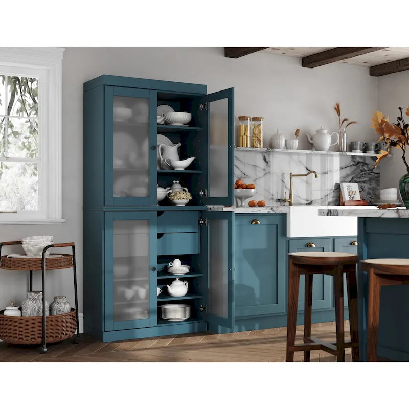 Armoire de cuisine en bois massif avec portes en verre dépoli et 2 tiroirs — Bleu sarcelle / Blanc / Moka / Aqua / Sauge / Jaune / Gris / Vert / Noir
