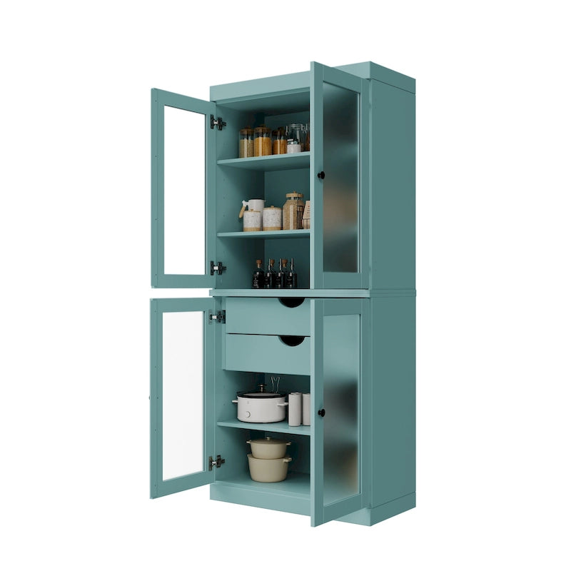 Armoire de cuisine en bois massif avec portes en verre dépoli et 2 tiroirs — Bleu sarcelle / Blanc / Moka / Aqua / Sauge / Jaune / Gris / Vert / Noir