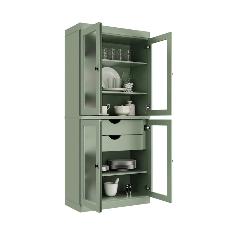 Armoire de cuisine en bois massif avec portes en verre dépoli et 2 tiroirs — Bleu sarcelle / Blanc / Moka / Aqua / Sauge / Jaune / Gris / Vert / Noir