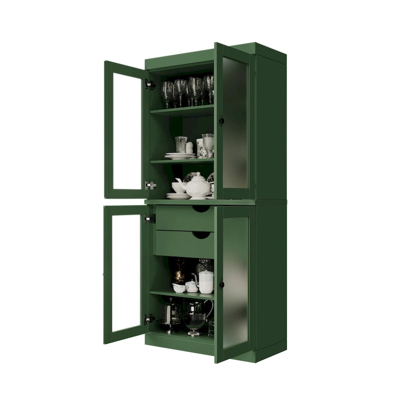 Armoire de cuisine en bois massif avec portes en verre dépoli et 2 tiroirs — Bleu sarcelle / Blanc / Moka / Aqua / Sauge / Jaune / Gris / Vert / Noir