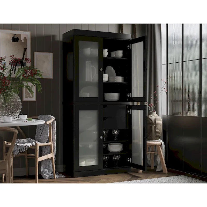 Armoire de cuisine en bois massif avec portes en verre dépoli et 2 tiroirs — Bleu sarcelle / Blanc / Moka / Aqua / Sauge / Jaune / Gris / Vert / Noir