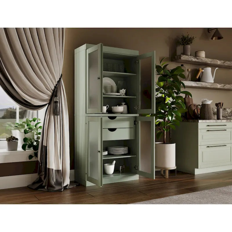 Armoire de cuisine en bois massif avec portes en verre dépoli et 2 tiroirs — Bleu sarcelle / Blanc / Moka / Aqua / Sauge / Jaune / Gris / Vert / Noir