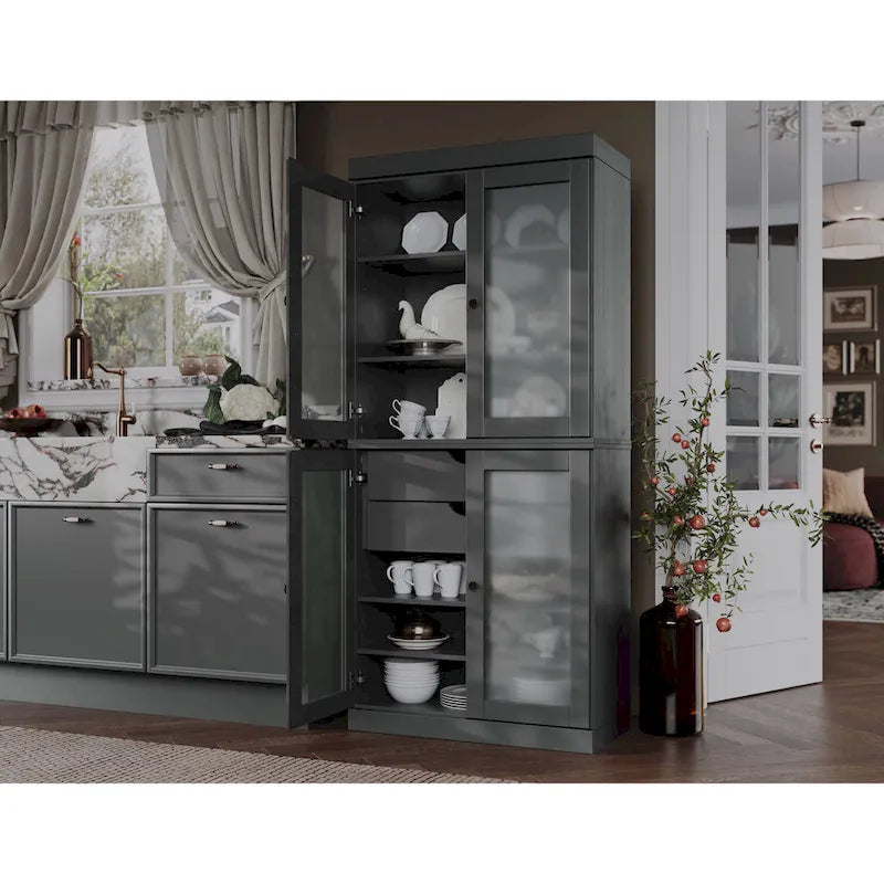 Armoire de cuisine en bois massif avec portes en verre dépoli et 2 tiroirs — Bleu sarcelle / Blanc / Moka / Aqua / Sauge / Jaune / Gris / Vert / Noir
