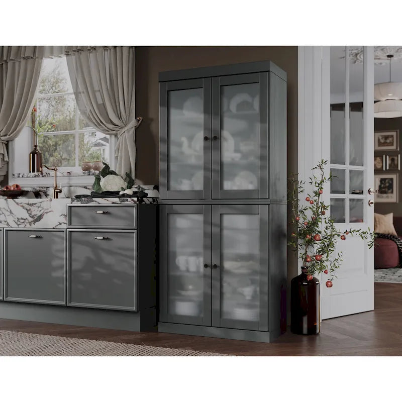 Armoire de cuisine en bois massif avec portes en verre dépoli et 2 tiroirs — Bleu sarcelle / Blanc / Moka / Aqua / Sauge / Jaune / Gris / Vert / Noir