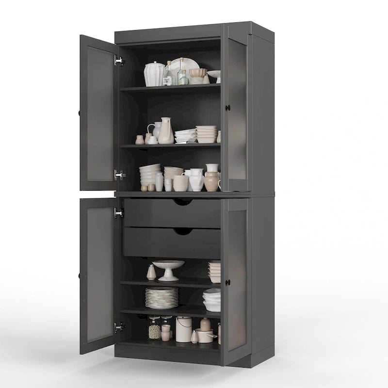 Armoire de cuisine en bois massif avec portes en verre dépoli et 2 tiroirs — Bleu sarcelle / Blanc / Moka / Aqua / Sauge / Jaune / Gris / Vert / Noir