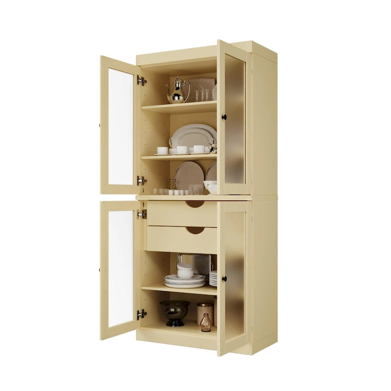 Armoire de cuisine en bois massif avec portes en verre dépoli et 2 tiroirs — Bleu sarcelle / Blanc / Moka / Aqua / Sauge / Jaune / Gris / Vert / Noir