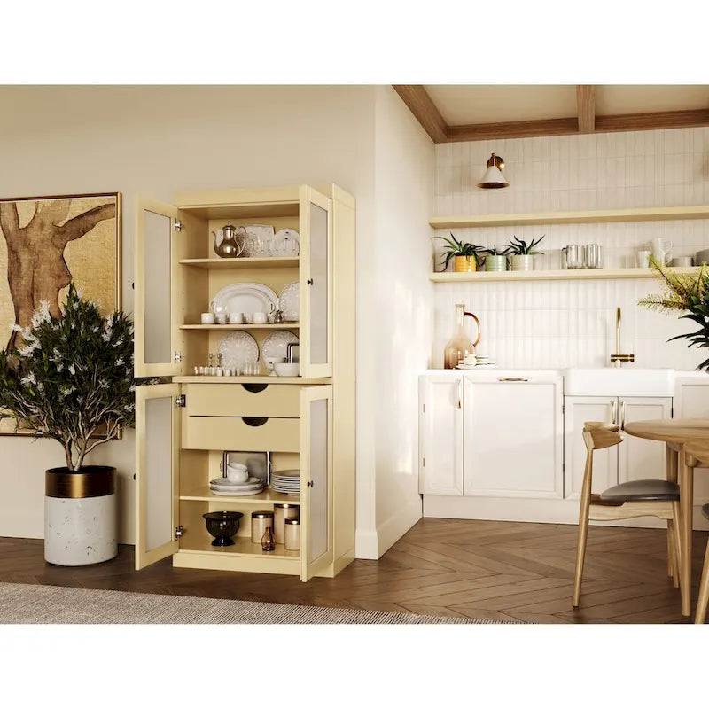 Armoire de cuisine en bois massif avec portes en verre dépoli et 2 tiroirs — Bleu sarcelle / Blanc / Moka / Aqua / Sauge / Jaune / Gris / Vert / Noir
