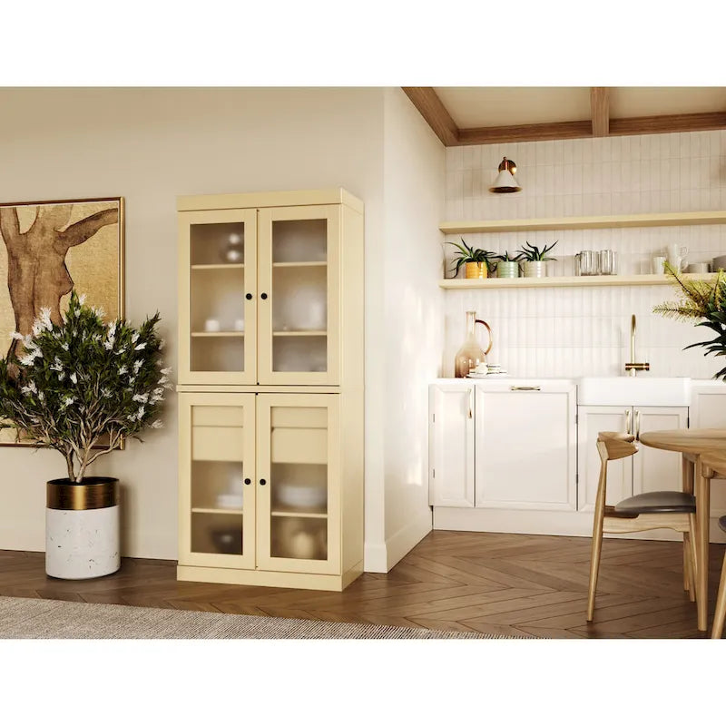 Armoire de cuisine en bois massif avec portes en verre dépoli et 2 tiroirs — Bleu sarcelle / Blanc / Moka / Aqua / Sauge / Jaune / Gris / Vert / Noir