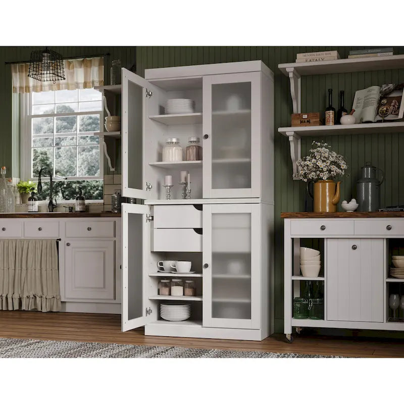 Armoire de cuisine en bois massif avec portes en verre dépoli et 2 tiroirs — Bleu sarcelle / Blanc / Moka / Aqua / Sauge / Jaune / Gris / Vert / Noir