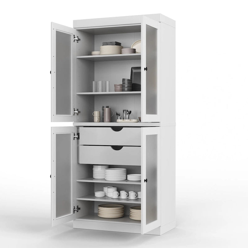 Armoire de cuisine en bois massif avec portes en verre dépoli et 2 tiroirs — Bleu sarcelle / Blanc / Moka / Aqua / Sauge / Jaune / Gris / Vert / Noir