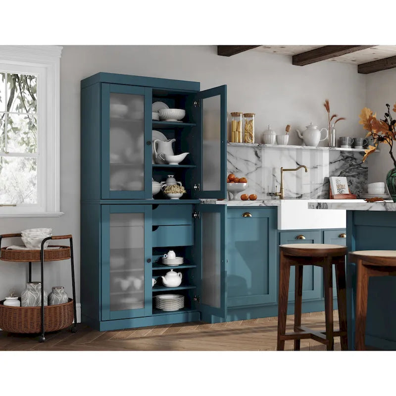 Armoire de cuisine en bois massif avec portes en verre dépoli et 2 tiroirs — Bleu sarcelle / Blanc / Moka / Aqua / Sauge / Jaune / Gris / Vert / Noir
