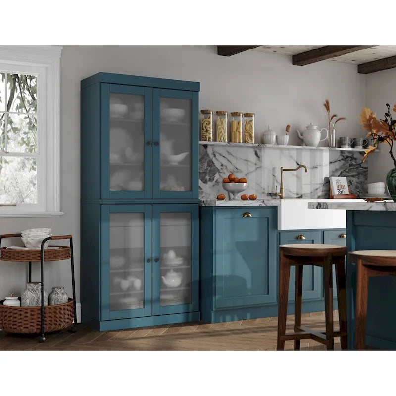 Armoire de cuisine en bois massif avec portes en verre dépoli et 2 tiroirs — Bleu sarcelle / Blanc / Moka / Aqua / Sauge / Jaune / Gris / Vert / Noir