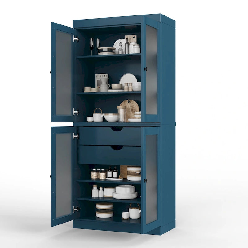 Armoire de cuisine en bois massif avec portes en verre dépoli et 2 tiroirs — Bleu sarcelle / Blanc / Moka / Aqua / Sauge / Jaune / Gris / Vert / Noir