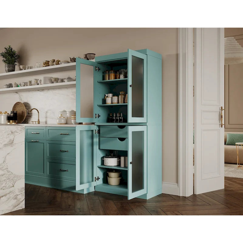 Armoire de cuisine en bois massif avec portes en verre dépoli et 2 tiroirs — Bleu sarcelle / Blanc / Moka / Aqua / Sauge / Jaune / Gris / Vert / Noir
