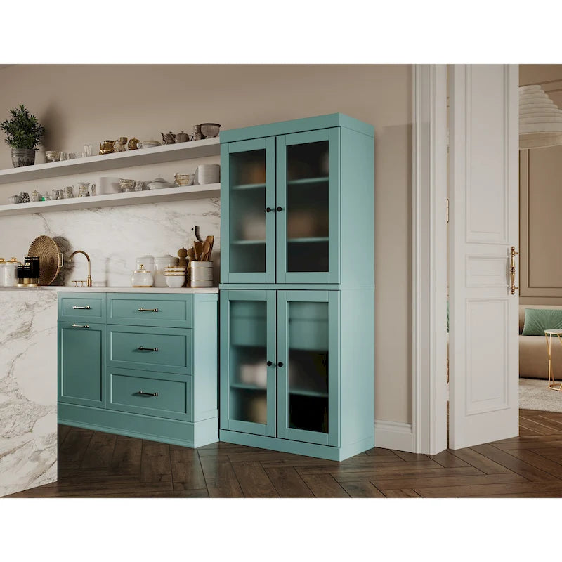 Armoire de cuisine en bois massif avec portes en verre dépoli et 2 tiroirs — Bleu sarcelle / Blanc / Moka / Aqua / Sauge / Jaune / Gris / Vert / Noir