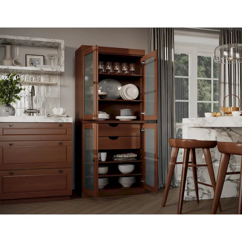 Armoire de cuisine en bois massif avec portes en verre dépoli et 2 tiroirs — Bleu sarcelle / Blanc / Moka / Aqua / Sauge / Jaune / Gris / Vert / Noir
