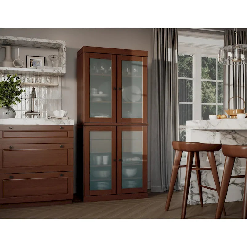 Armoire de cuisine en bois massif avec portes en verre dépoli et 2 tiroirs — Bleu sarcelle / Blanc / Moka / Aqua / Sauge / Jaune / Gris / Vert / Noir