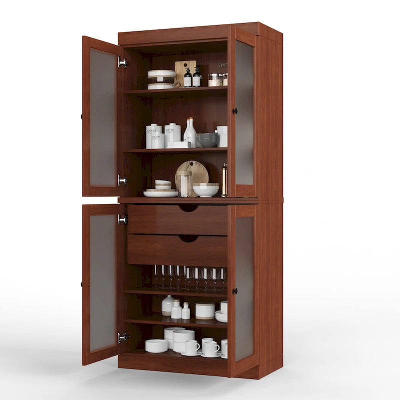 Armoire de cuisine en bois massif avec portes en verre dépoli et 2 tiroirs — Bleu sarcelle / Blanc / Moka / Aqua / Sauge / Jaune / Gris / Vert / Noir
