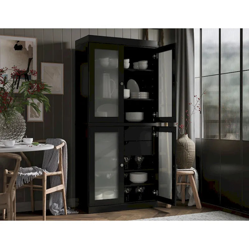 Armoire de cuisine en bois massif avec portes en verre dépoli et 2 tiroirs — Bleu sarcelle / Blanc / Moka / Aqua / Sauge / Jaune / Gris / Vert / Noir