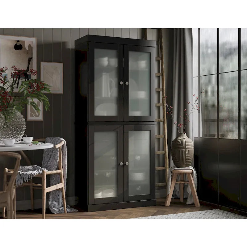 Armoire de cuisine en bois massif avec portes en verre dépoli et 2 tiroirs — Bleu sarcelle / Blanc / Moka / Aqua / Sauge / Jaune / Gris / Vert / Noir
