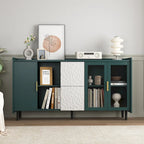 Buffet/Vaisselier Bleu/Vert avec 2 Portes Vitrées & 2 Tiroirs, pour Foyer de 2 Personnes