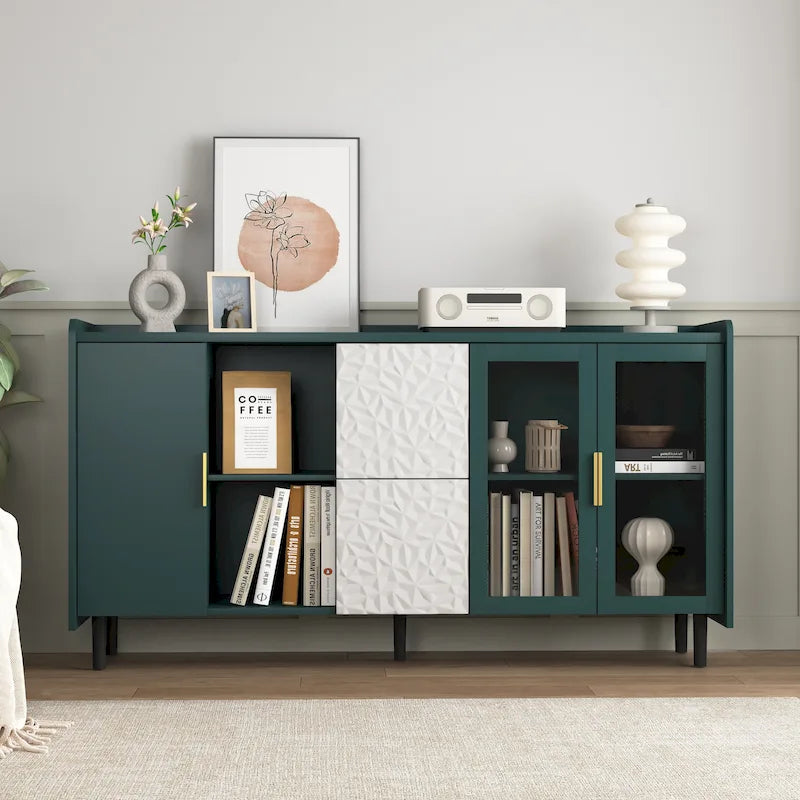 Buffet/Vaisselier Bleu/Vert avec 2 Portes Vitrées & 2 Tiroirs, pour Foyer de 2 Personnes