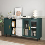 Buffet/Vaisselier Bleu/Vert avec 2 Portes Vitrées & 2 Tiroirs, pour Foyer de 2 Personnes