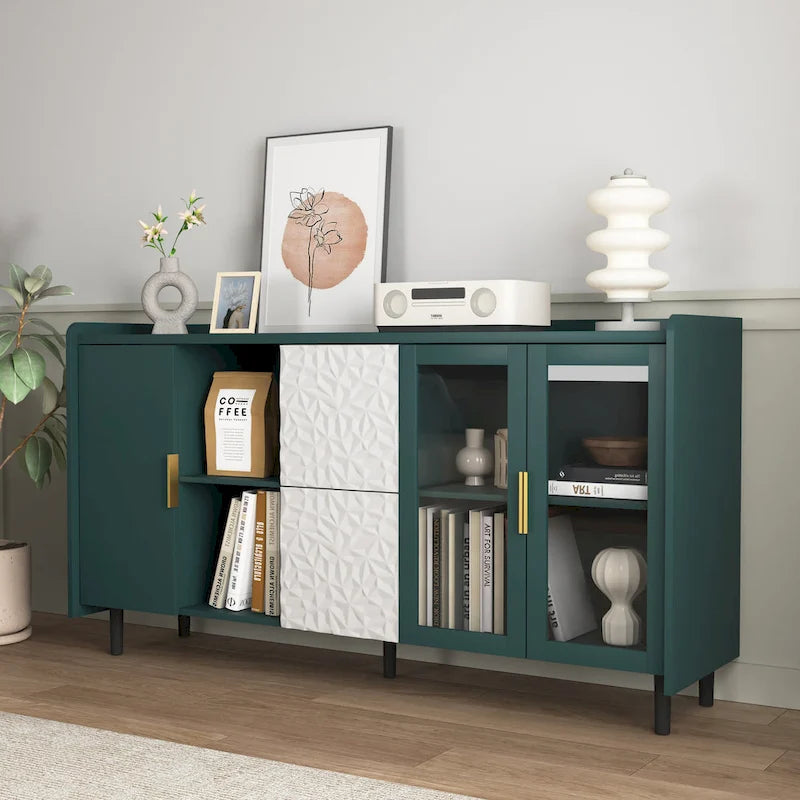 Buffet/Vaisselier Bleu/Vert avec 2 Portes Vitrées & 2 Tiroirs, pour Foyer de 2 Personnes