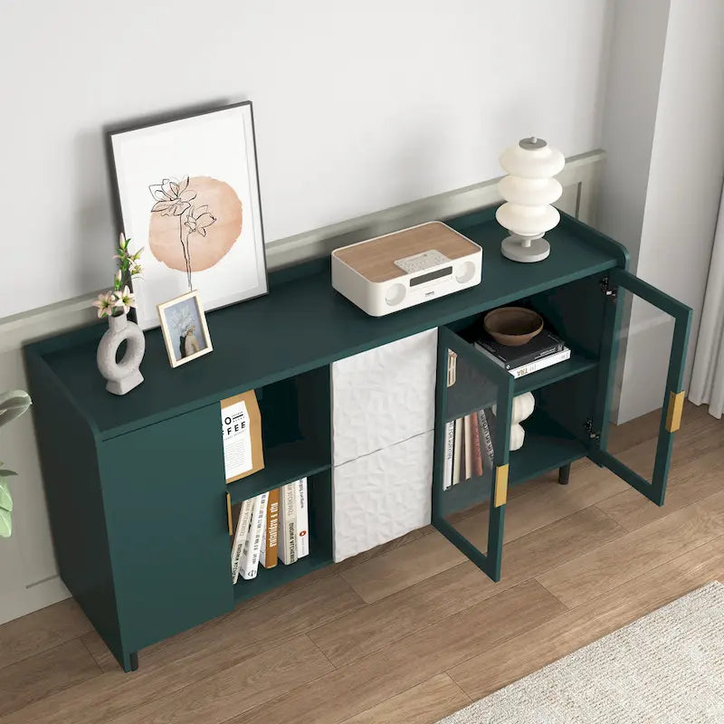 Buffet/Vaisselier Bleu/Vert avec 2 Portes Vitrées & 2 Tiroirs, pour Foyer de 2 Personnes