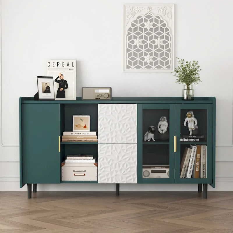 Buffet/Vaisselier Bleu/Vert avec 2 Portes Vitrées & 2 Tiroirs, pour Foyer de 2 Personnes