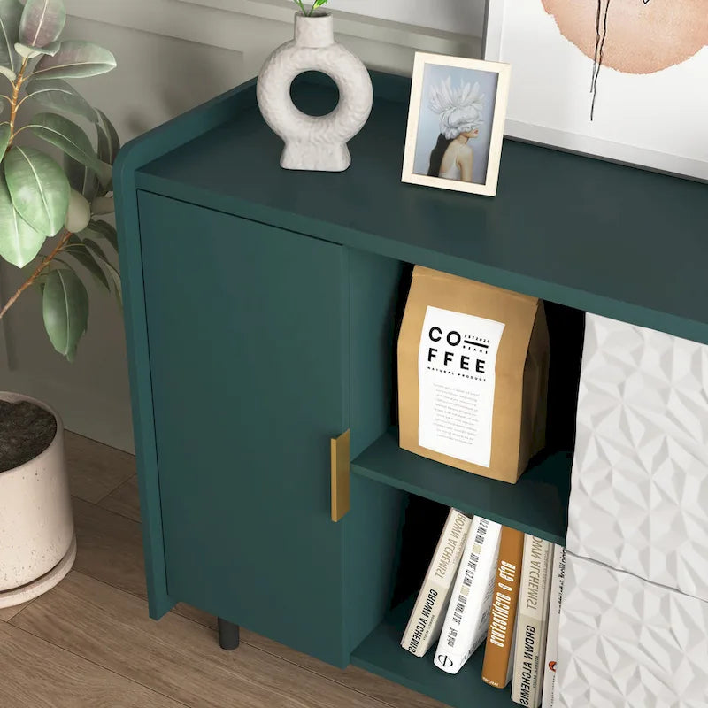 Buffet/Vaisselier Bleu/Vert avec 2 Portes Vitrées & 2 Tiroirs, pour Foyer de 2 Personnes
