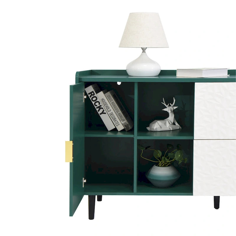 Buffet/Vaisselier Bleu/Vert avec 2 Portes Vitrées & 2 Tiroirs, pour Foyer de 2 Personnes