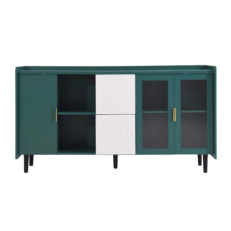 Buffet/Vaisselier Bleu/Vert avec 2 Portes Vitrées & 2 Tiroirs, pour Foyer de 2 Personnes