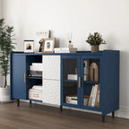 Buffet/Vaisselier Bleu/Vert avec 2 Portes Vitrées & 2 Tiroirs, pour Foyer de 2 Personnes